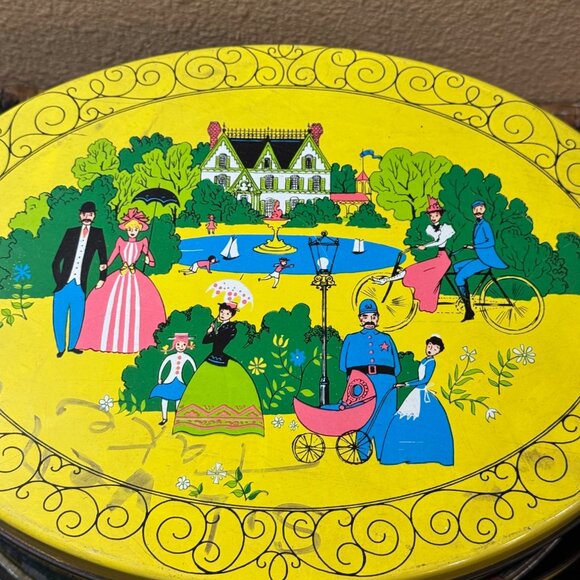 Vintage Sewing Basket Tin Victorian Old New York  Arch Oval Handle - Picture 4 of 13